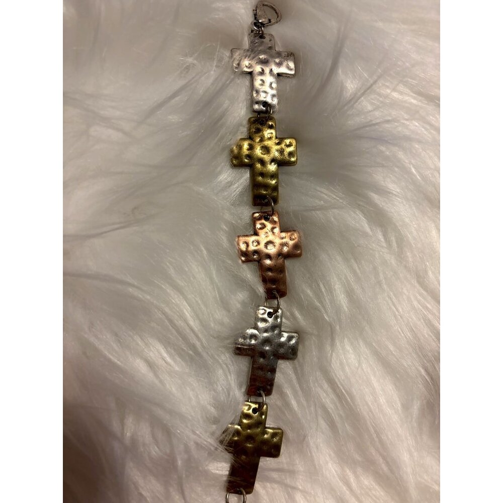 Hammered Metal Cross Bracelet In Silver Gold & Copper Tone 8” Religious Boho